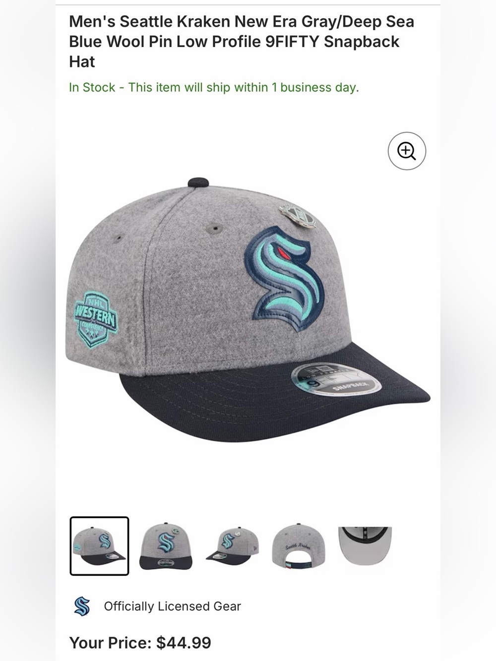 Seattle Kraken Gray Wool Snapback Hat with Deep Sea Blue Logo